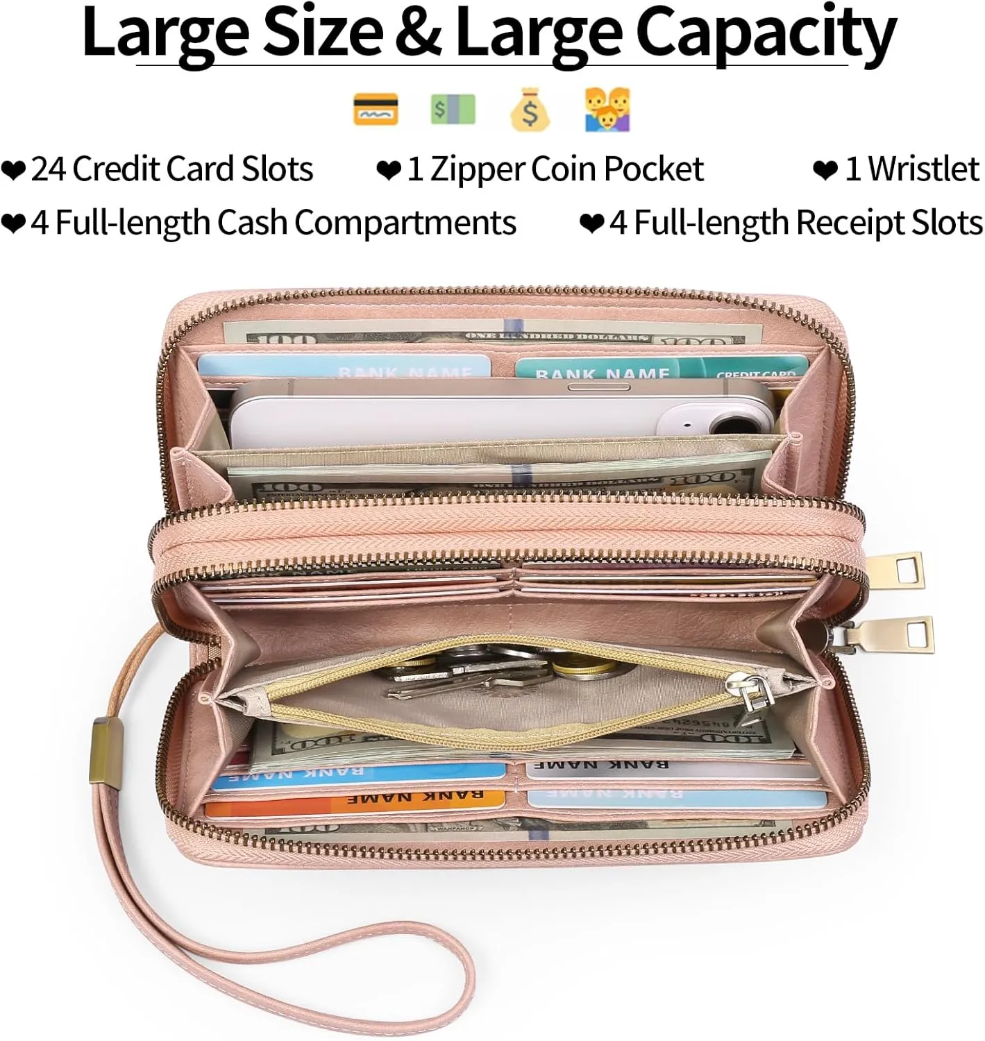 GAEKEAO Wallet for Women Clutch RFID Blocking Leather Wristlet Purse Large Capacity Credit Card Holder with Grip Hand Strap