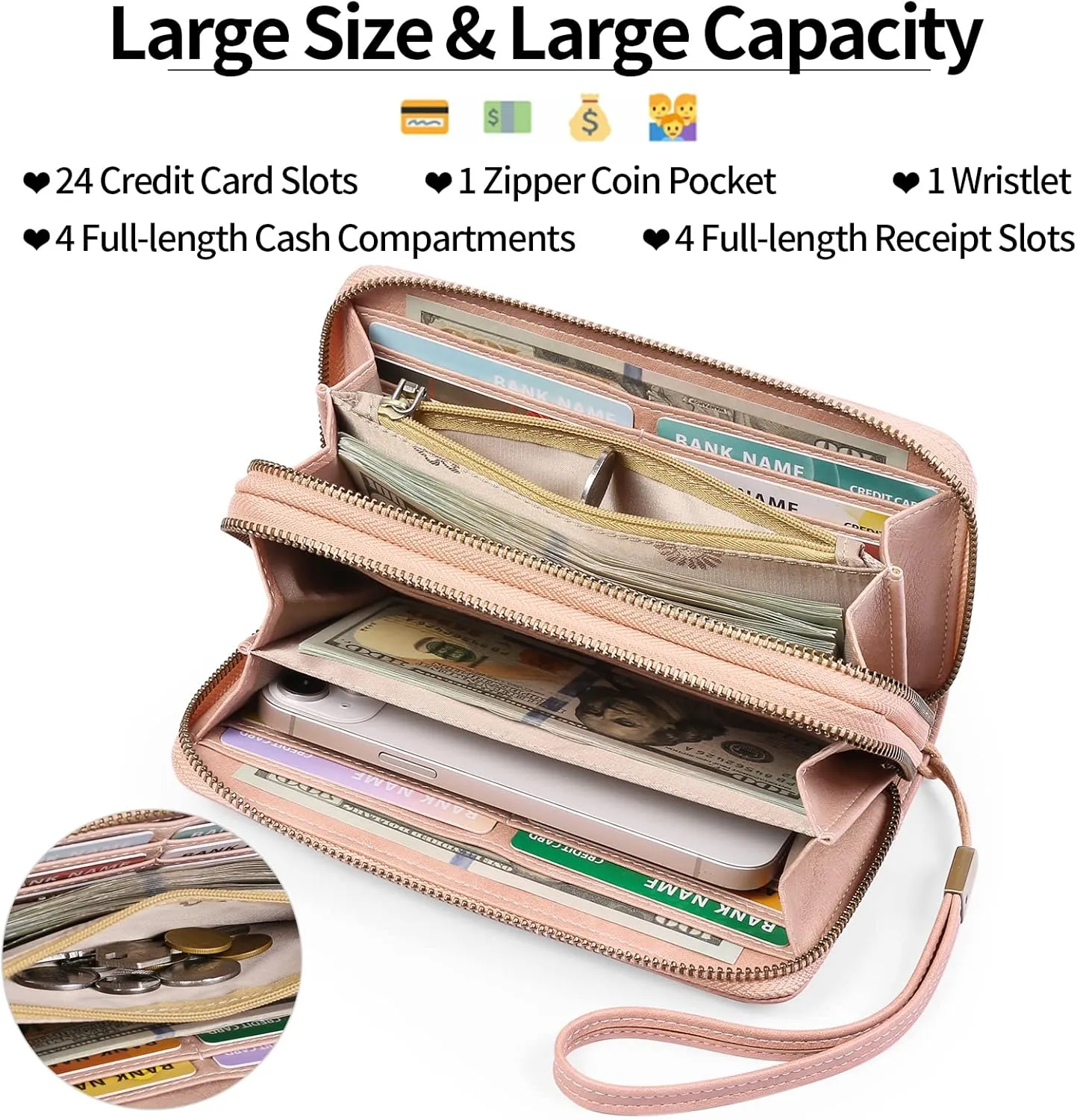 GAEKEAO Wallet for Women Clutch RFID Blocking Leather Wristlet Purse Large Capacity Credit Card Holder with Grip Hand Strap