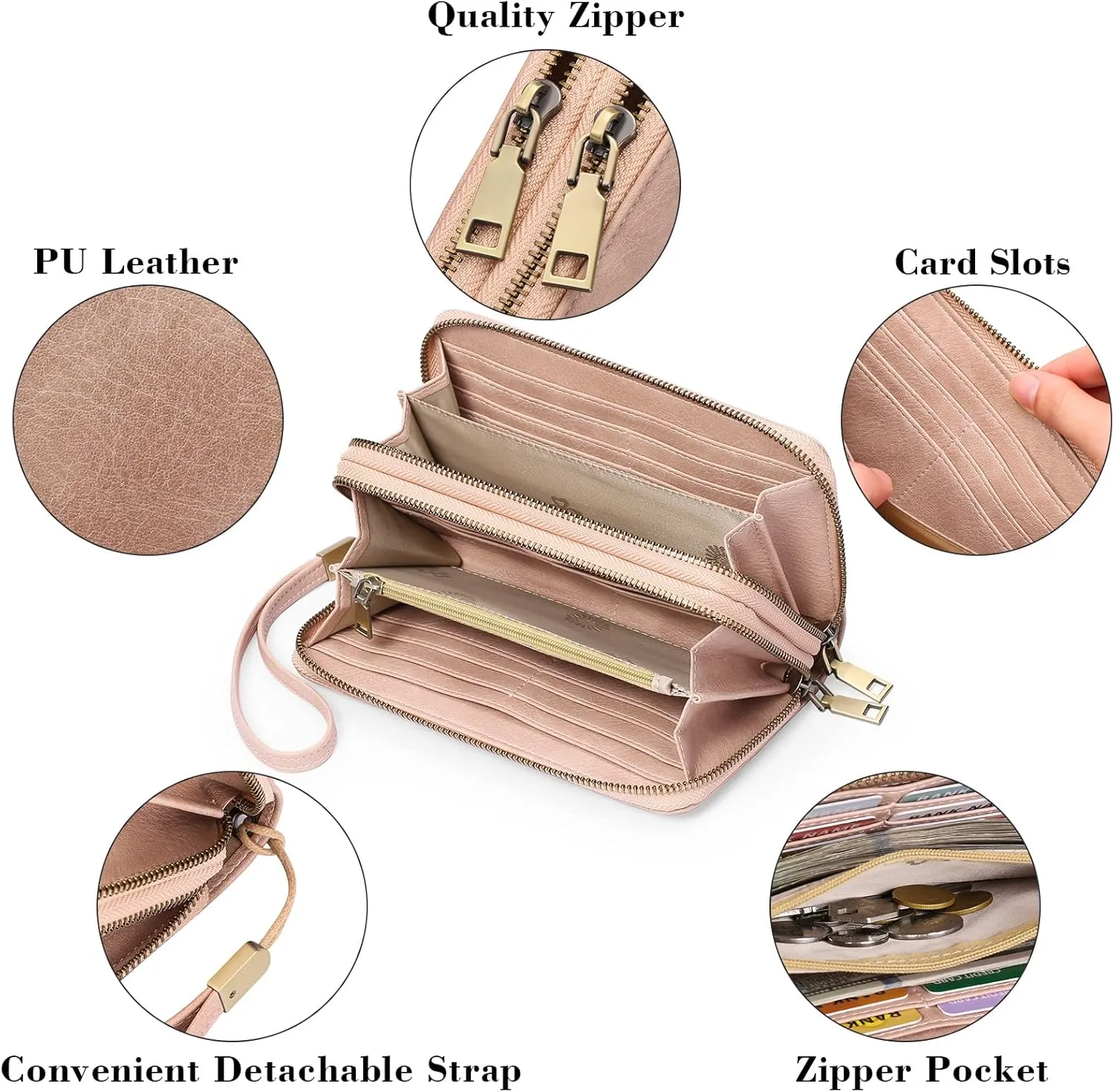 GAEKEAO Wallet for Women Clutch RFID Blocking Leather Wristlet Purse Large Capacity Credit Card Holder with Grip Hand Strap