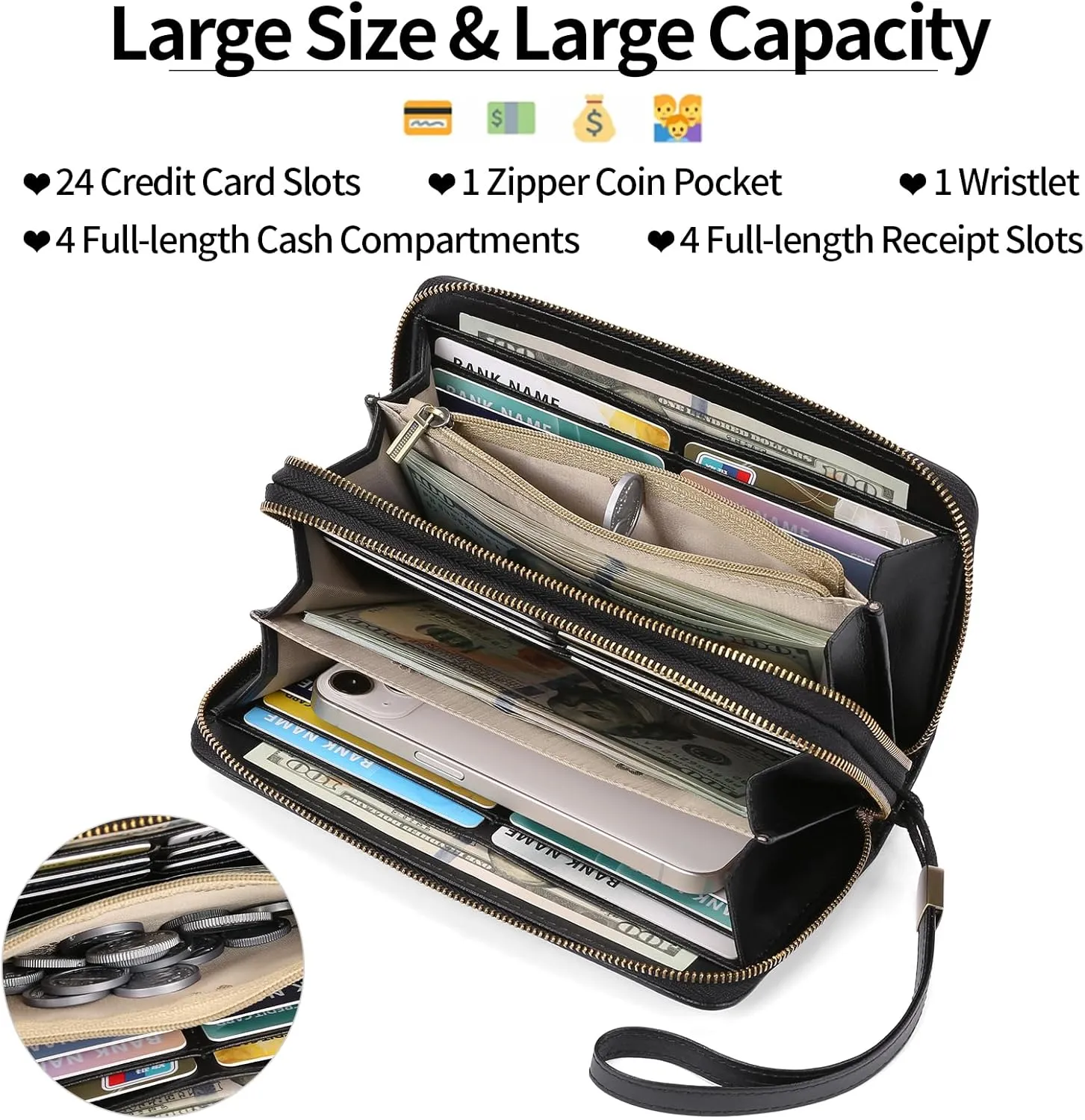 GAEKEAO Wallet for Women Clutch RFID Blocking Wristlet Leather Purse Large Capacity Credit Card Holder with Grip Hand Strap