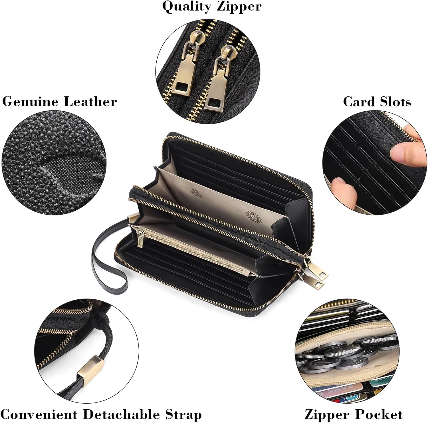 GAEKEAO Wallet for Women Clutch RFID Blocking Wristlet Leather Purse Large Capacity Credit Card Holder with Grip Hand Strap