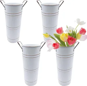 Galvanized Flower Bucket French Rustic Floral Metal Vases with Handles for Home Wedding Table Centerpiece Decor Small, 9 Inch, White, Set of 4