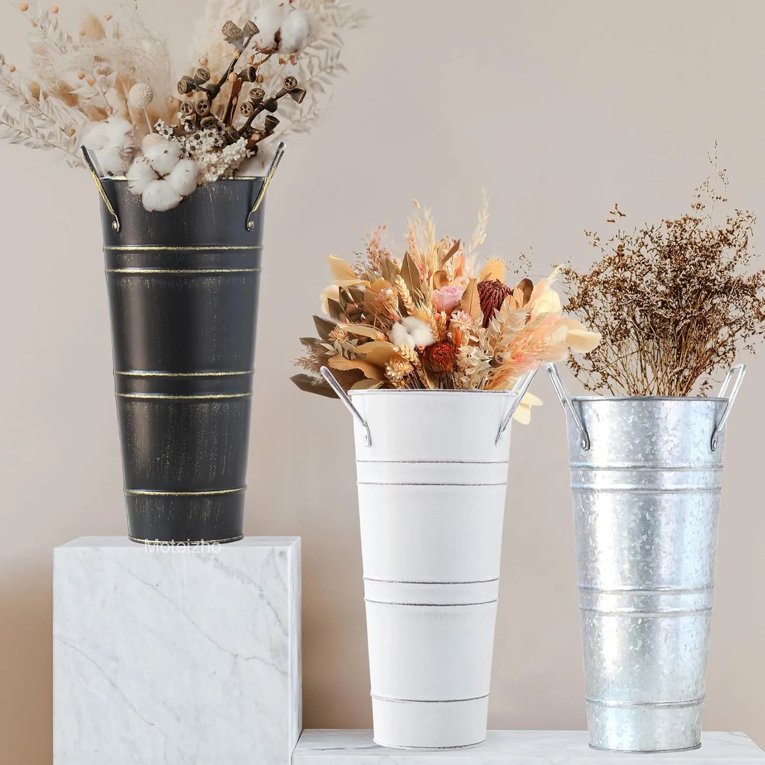 Galvanized Flower Bucket French Rustic Floral Metal Vases with Handles for Home Wedding Table Centerpiece Decor Small, 9 Inch, White, Set of 4