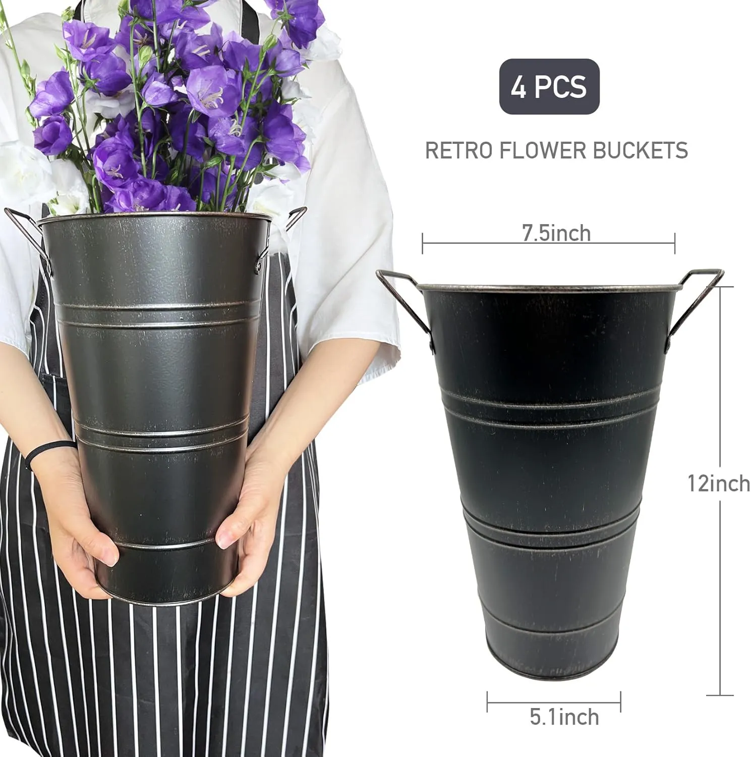 Galvanized Metal Vases Rustic Floral Flower Bucket Large with Handles for Home Wedding Table Centerpiece Decor, Black, 12 Inch, 4 PCS