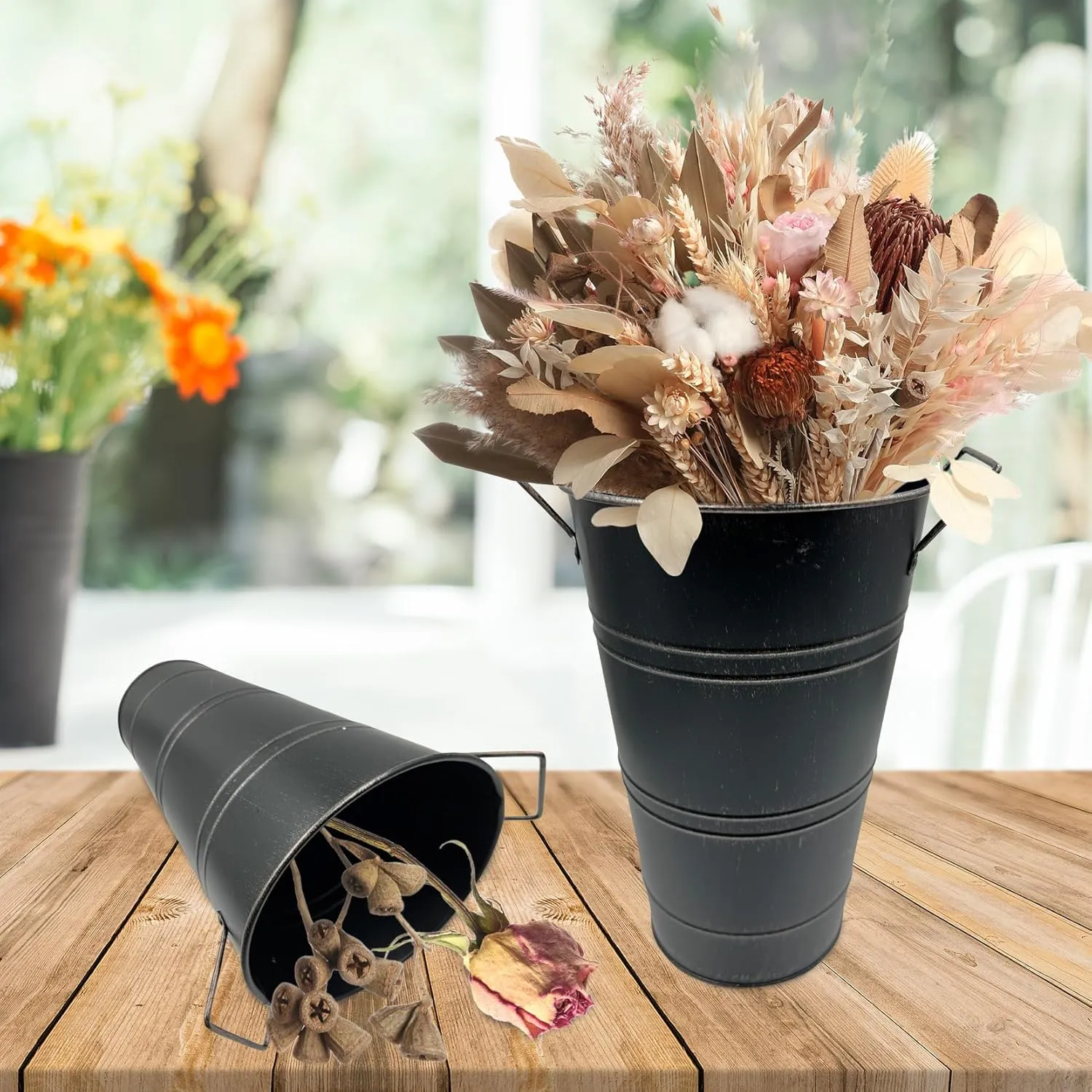 Galvanized Metal Vases Rustic Floral Flower Bucket Large with Handles for Home Wedding Table Centerpiece Decor, Black, 12 Inch, 4 PCS
