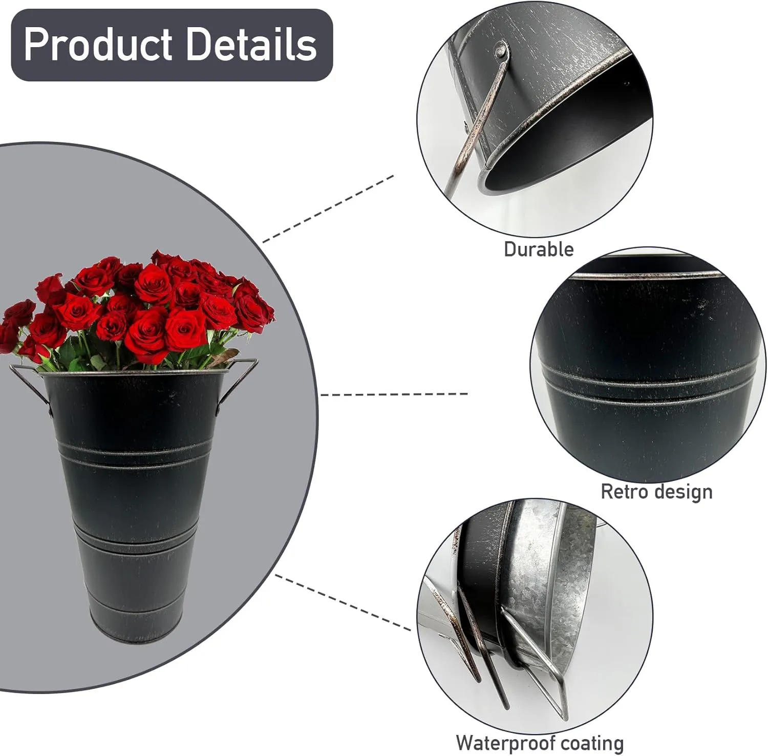 Galvanized Metal Vases Rustic Floral Flower Bucket Large with Handles for Home Wedding Table Centerpiece Decor, Black, 12 Inch, 4 PCS