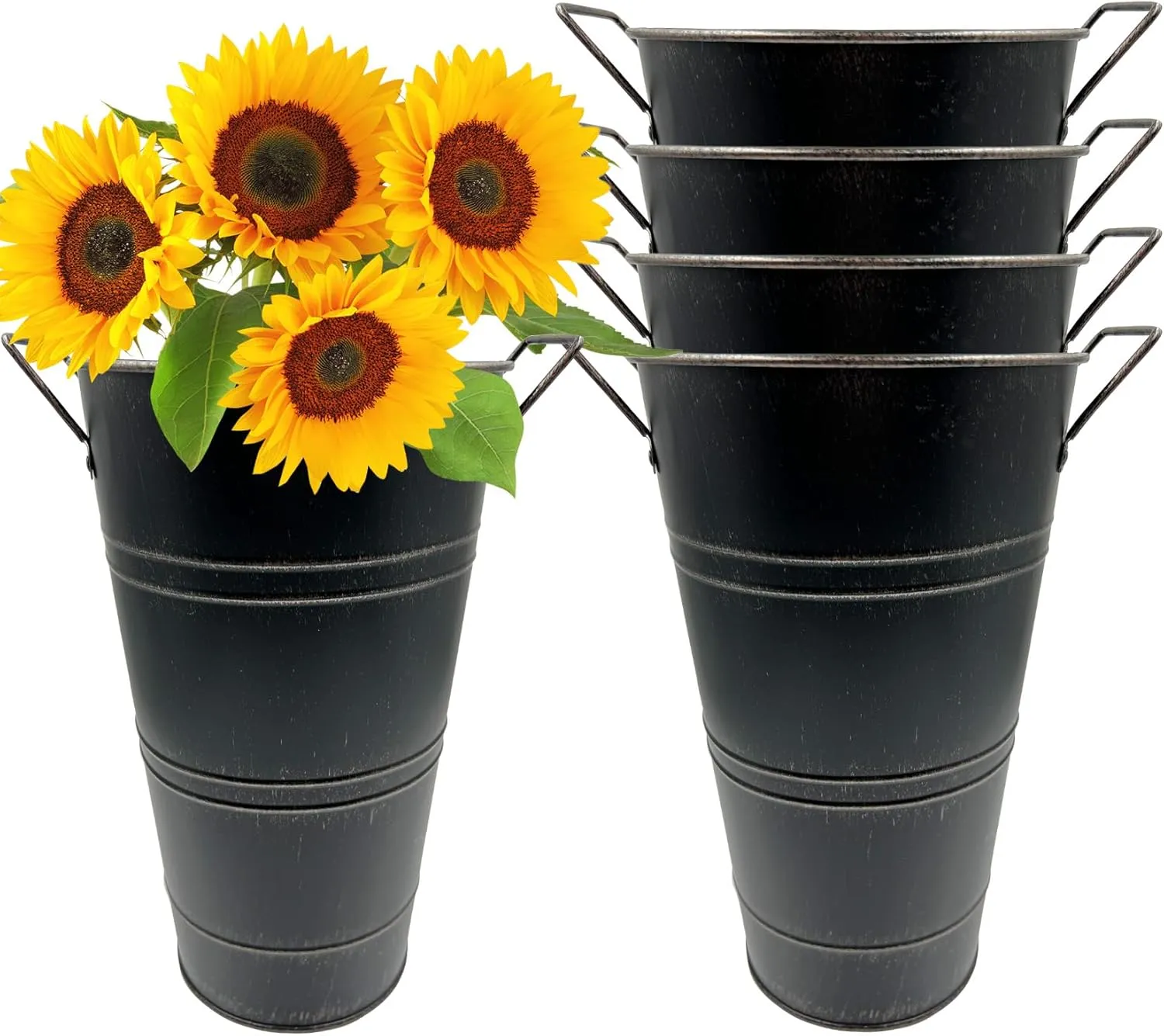Galvanized Metal Vases Rustic Floral Flower Bucket Large with Handles for Home Wedding Table Centerpiece Decor, Black, 12 Inch, 4 PCS