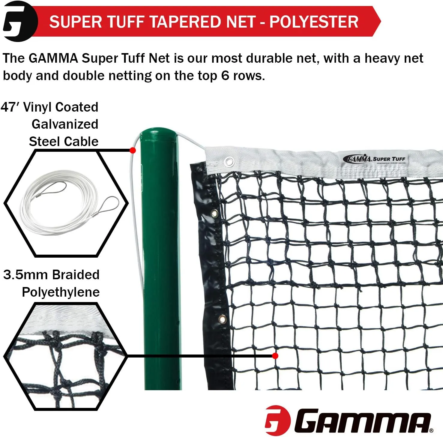 Gamma Premium Tennis Net, Polyester or Vinyl Headband, 2.6 MM to 3.5 MM