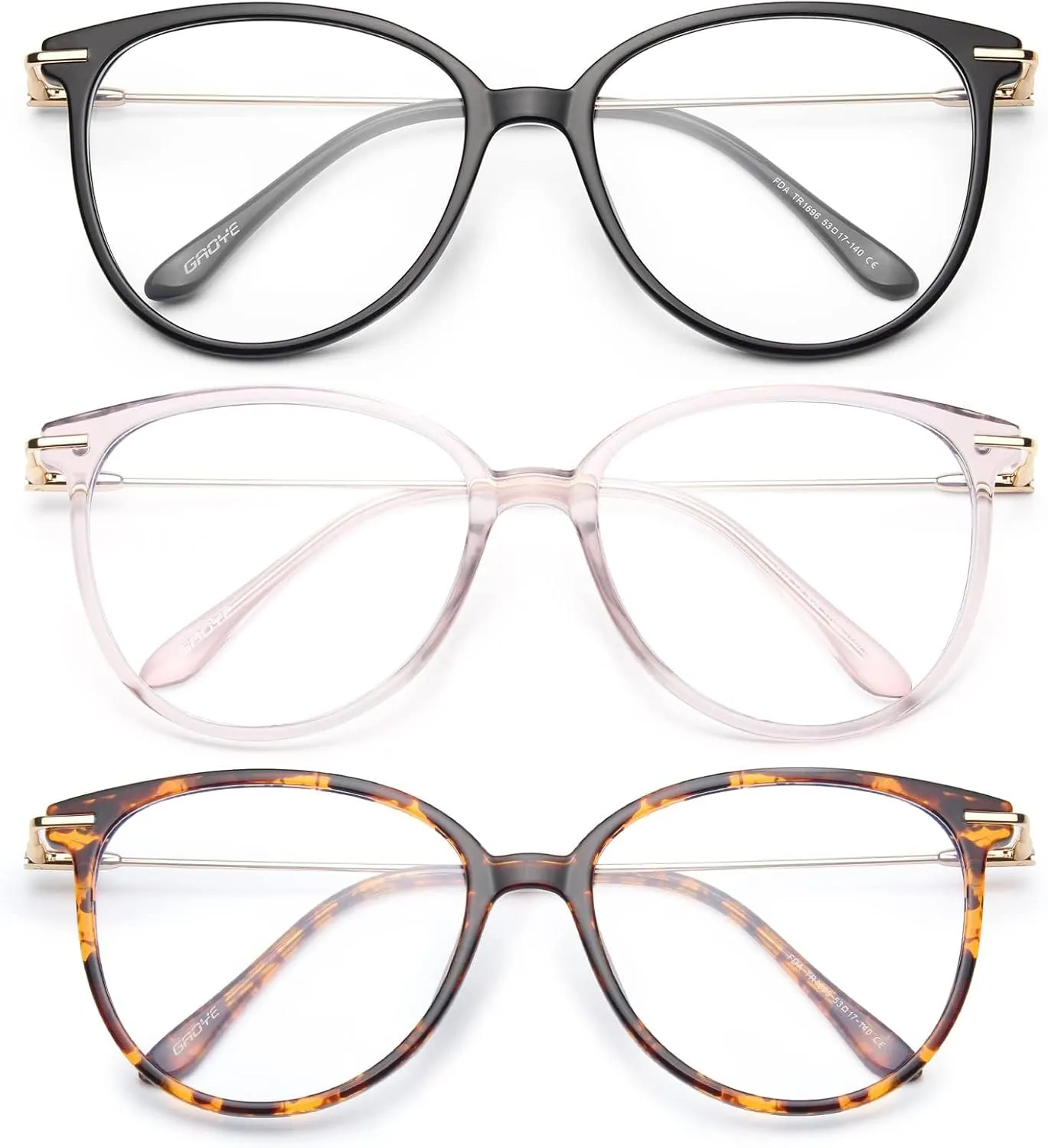 Gaoye Blue Light Blocking Glasses Women/Men, Fashion Cat Eye Fake Eyeglasses UV Ray Filter Computer Gaming Glasses (3 Pack, Black Pink Tea Leopard)