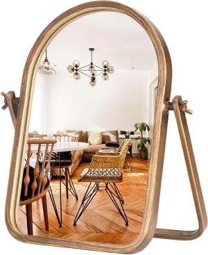 Geloo Vintage Vanity Table Mirror-Desk Makeup Mirror Golden Metal Framed Small Stand Mirrors 360 Adjustable Rotation for Tabletop,Office,Bedroom,Bathroom,Living Room,Antique 11.8'' x 7.8''