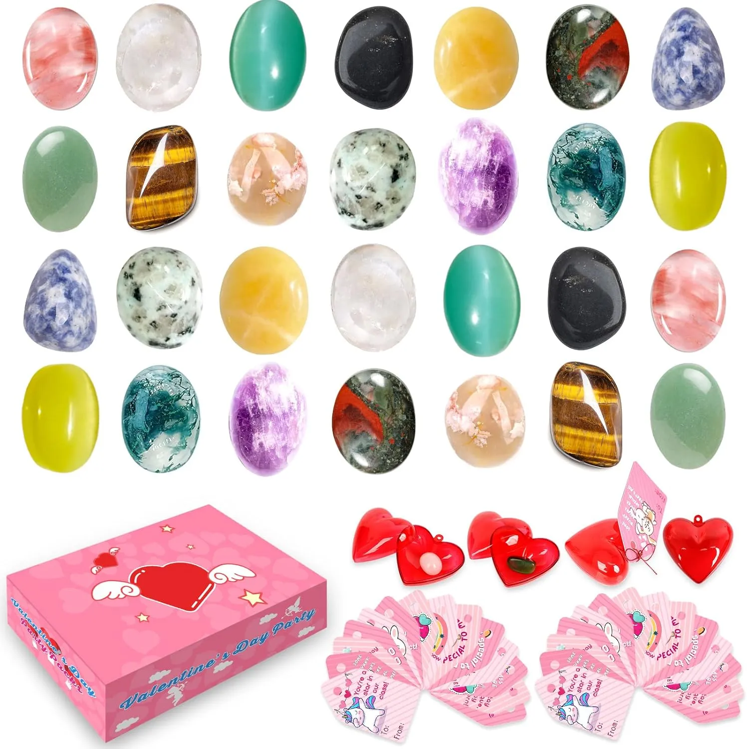 Gem Gifts for Kids, 28 Set Easter Day Cards for Children School, Kids Exchange Gift Classroom Party Favors, Natural Gemstone Crystals Rocks Bulk Prizes Party Gift for Boys Girls