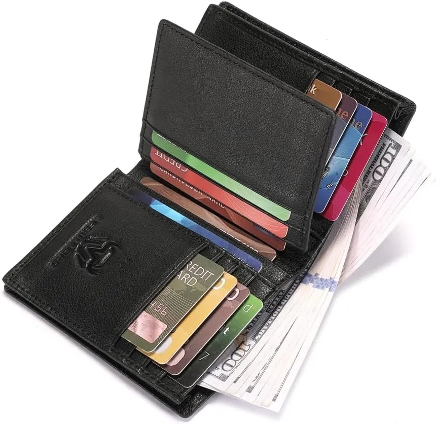 Genuine Leather Bifold Wallet RFID Blocking Wallet Large Capacity Purse Credit Card Holder for Men with 15 Card Slots (Black)
