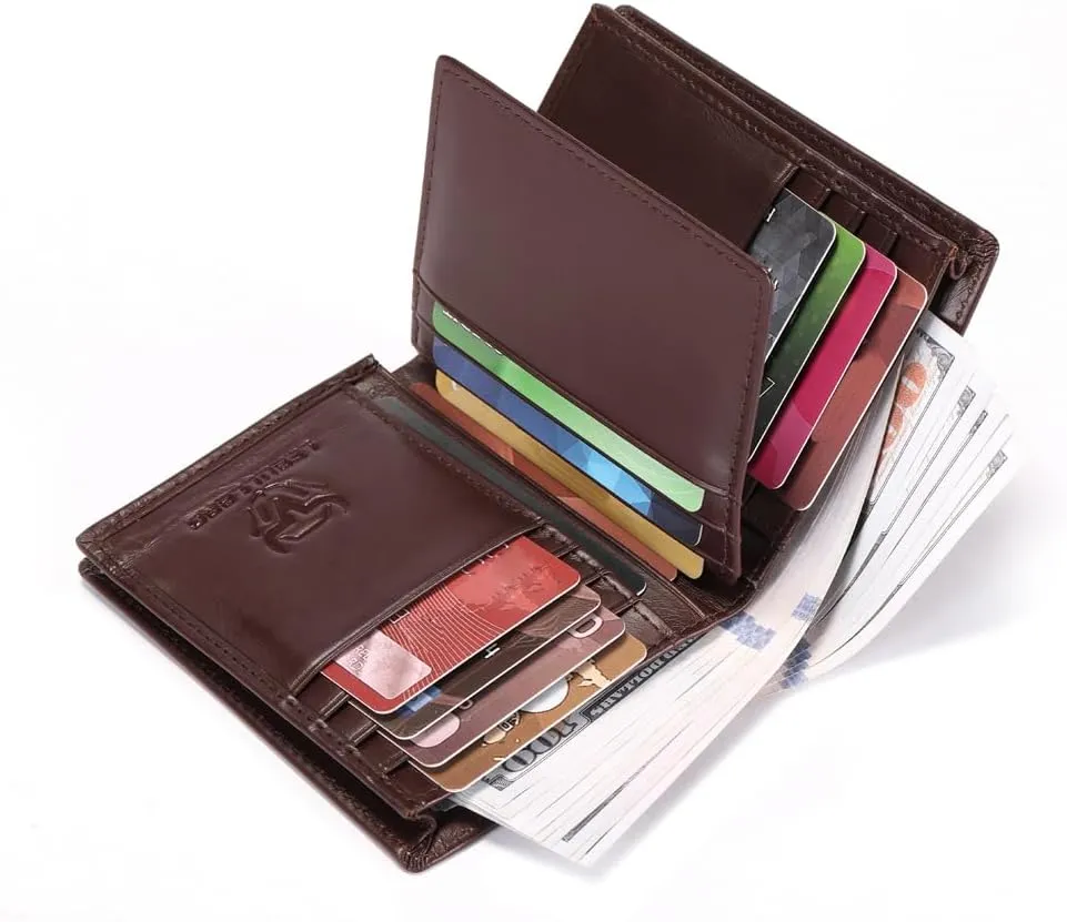 Genuine Leather Bifold Wallet RFID Blocking Wallet Large Capacity Purse Credit Card Holder for Men with 15 Card Slots (Coffee)