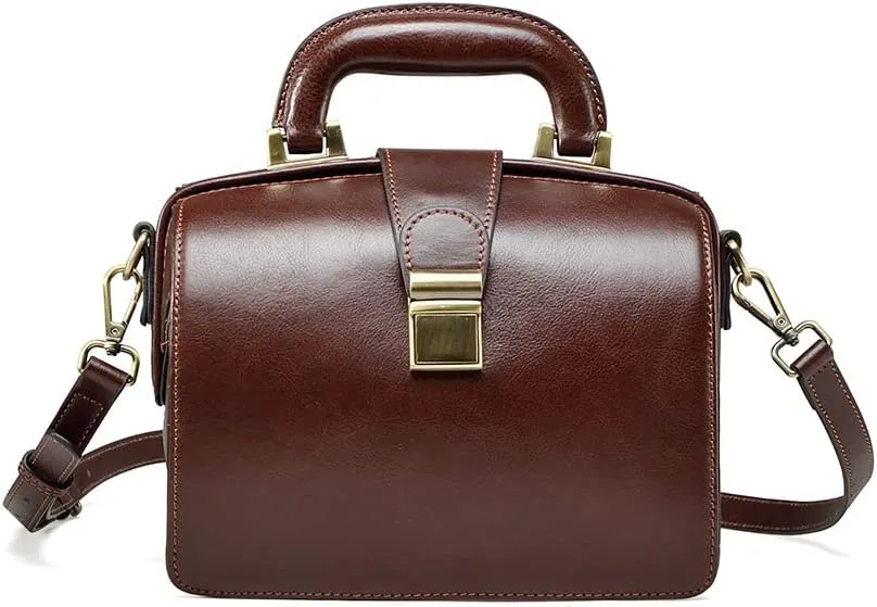 Genuine Leather Doctor BagTop Handle Purses Cowhide Handbag Brown Shoulder Bag Buckle Women's Bag