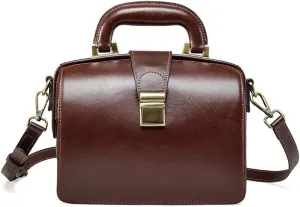 Genuine Leather Doctor BagTop Handle Purses Cowhide Handbag Brown Shoulder Bag Buckle Women's Bag