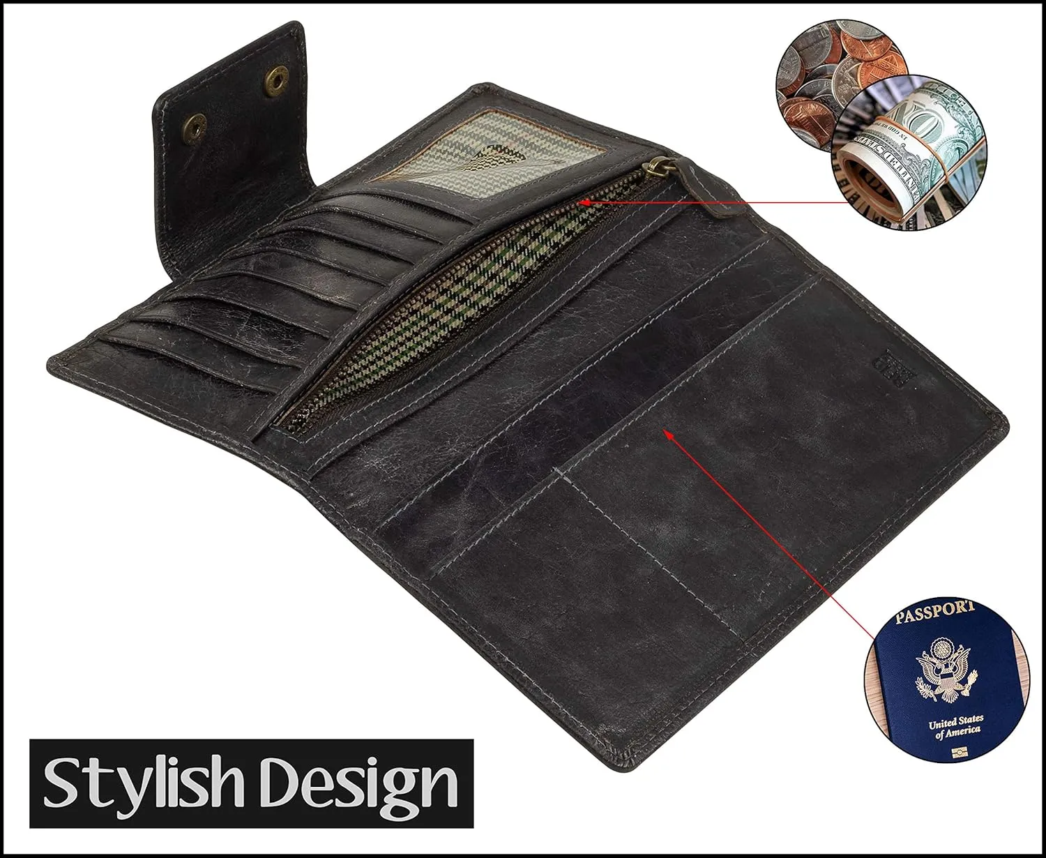 Genuine Leather RFID Blocking Long Wallet – Vintage Bifold for Men by Mou Meraki (CHARCOAL)
