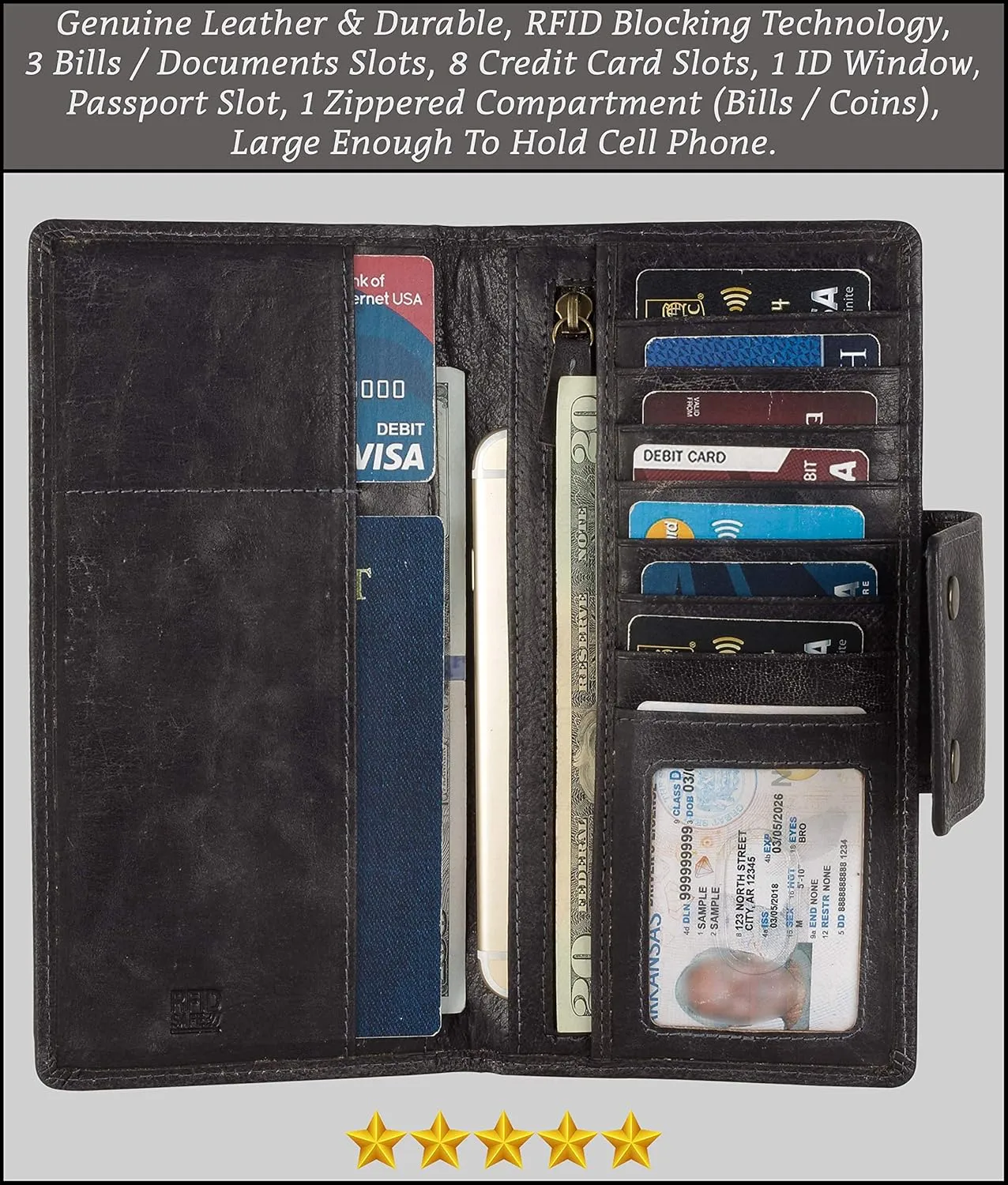 Genuine Leather RFID Blocking Long Wallet – Vintage Bifold for Men by Mou Meraki (CHARCOAL)