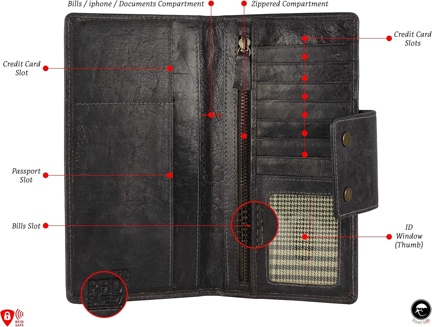 Genuine Leather RFID Blocking Long Wallet – Vintage Bifold for Men by Mou Meraki (CHARCOAL)