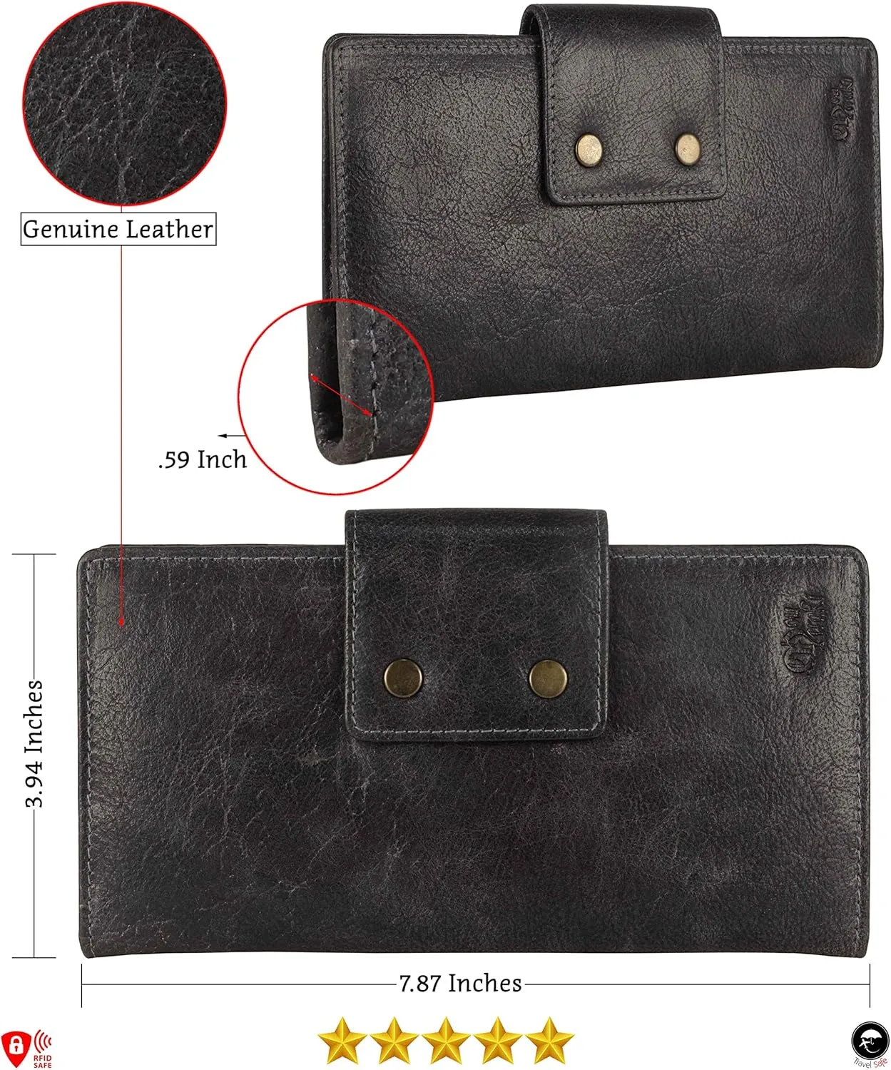 Genuine Leather RFID Blocking Long Wallet – Vintage Bifold for Men by Mou Meraki (CHARCOAL)