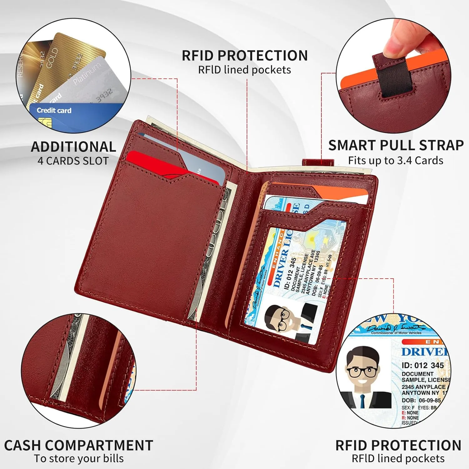Genuine Leather Wallet for Men RFID Blocking Minimalist Card Front Pocket Slim Bifold Wallets Retro First Layer Cowhide Wallet,Red Brown
