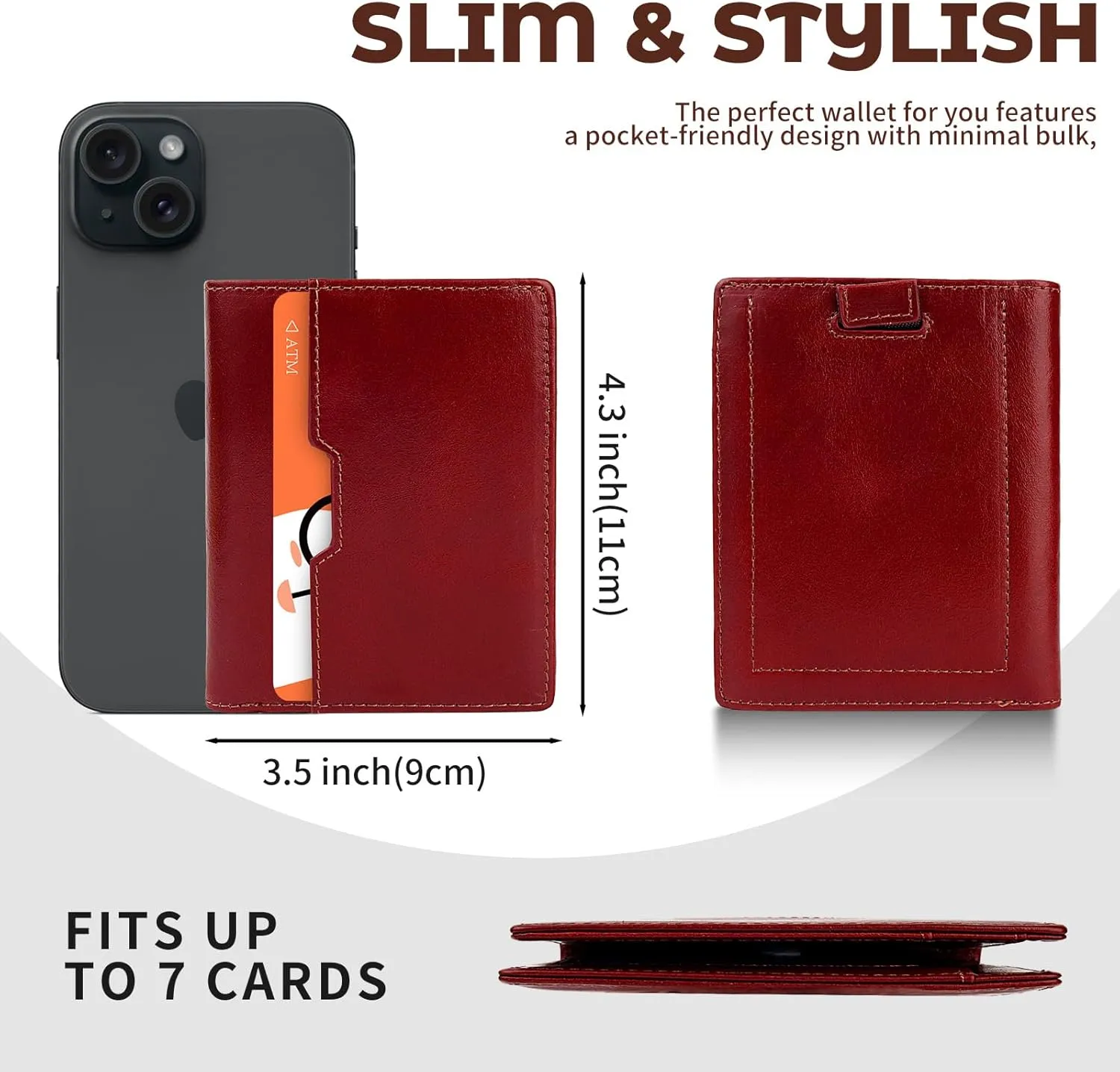 Genuine Leather Wallet for Men RFID Blocking Minimalist Card Front Pocket Slim Bifold Wallets Retro First Layer Cowhide Wallet,Red Brown