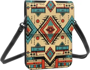 Geometric tribe southwest native vintage crossbody cell phone purse for womens lightweight small soft leather fashion travel wallet with adjustable strap