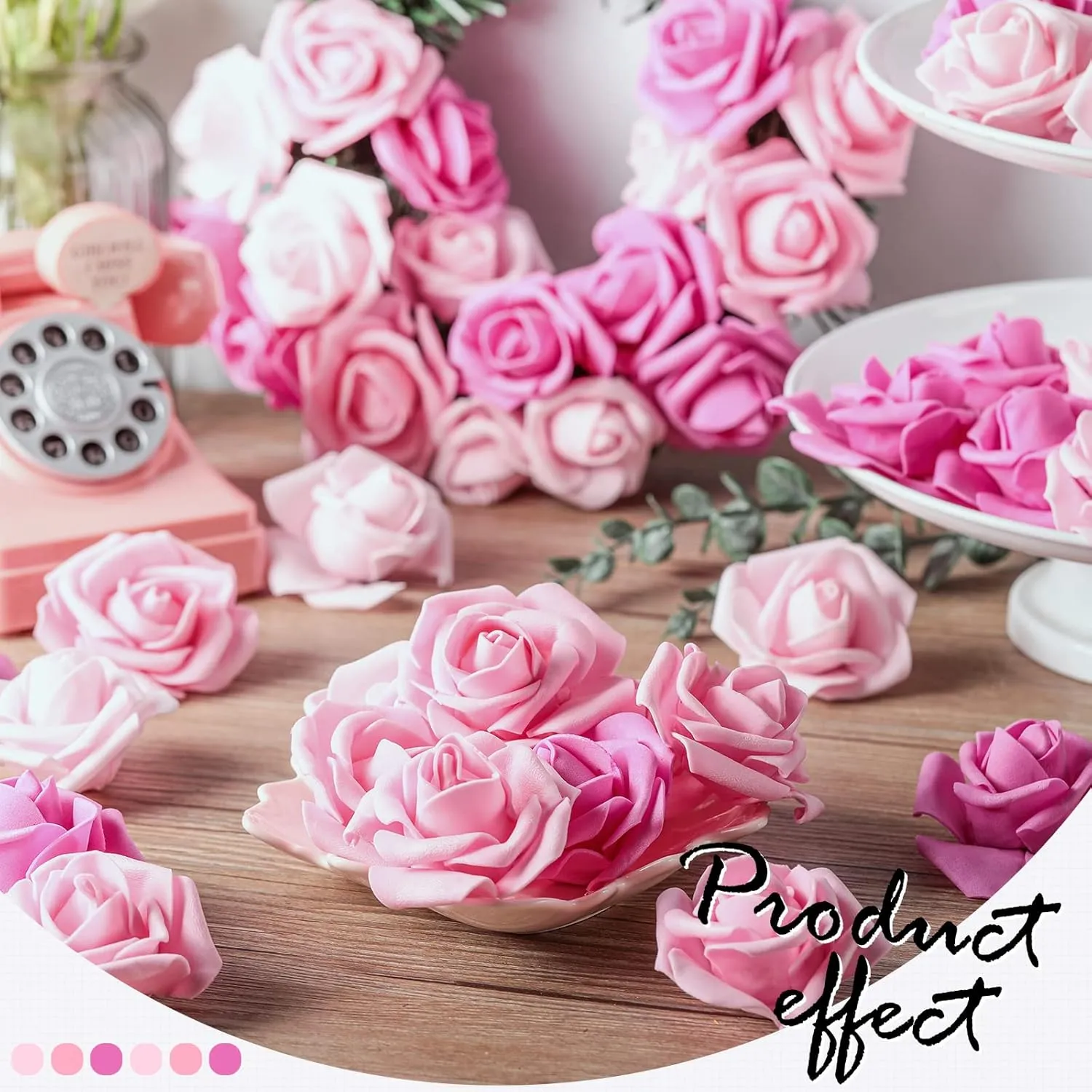 Geosar 200 Pcs Artificial Rose Flower Heads Bulk Fake Foam Roses Mini Faux Flower for Bridal Shower Wedding Flower Arrangements Centerpiece DIY(2.76 Inch,Pink Series)