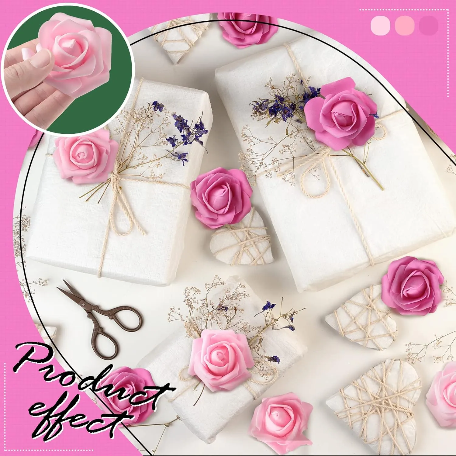 Geosar 200 Pcs Artificial Rose Flower Heads Bulk Fake Foam Roses Mini Faux Flower for Bridal Shower Wedding Flower Arrangements Centerpiece DIY(2.76 Inch,Pink Series)