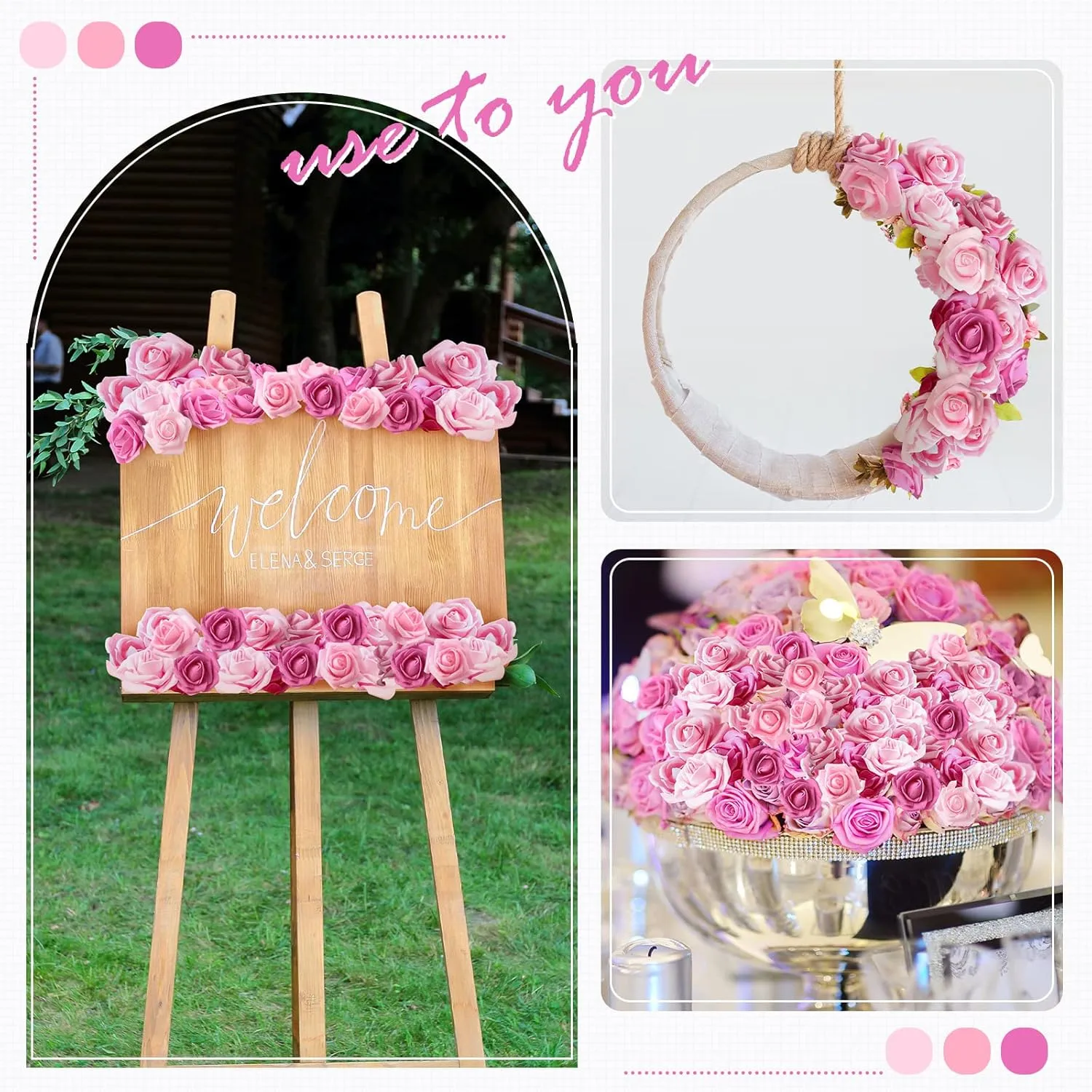 Geosar 200 Pcs Artificial Rose Flower Heads Bulk Fake Foam Roses Mini Faux Flower for Bridal Shower Wedding Flower Arrangements Centerpiece DIY(2.76 Inch,Pink Series)