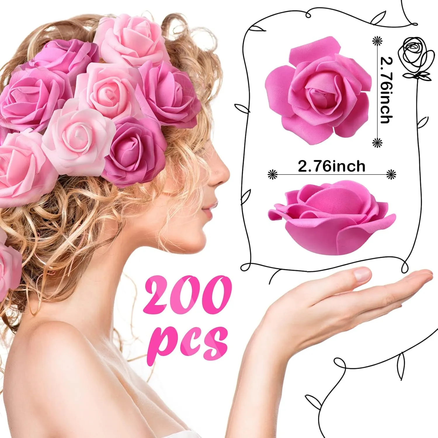 Geosar 200 Pcs Artificial Rose Flower Heads Bulk Fake Foam Roses Mini Faux Flower for Bridal Shower Wedding Flower Arrangements Centerpiece DIY(2.76 Inch,Pink Series)