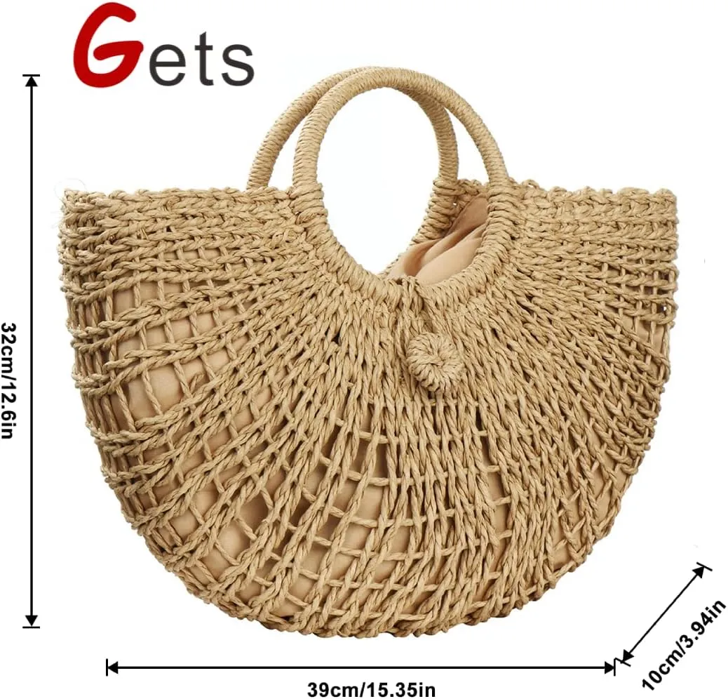 Gets Handwoven Rattan Top-handle Bag for Women Bohemian Round Straw Tote Bag Beach Large Carrying Handbag