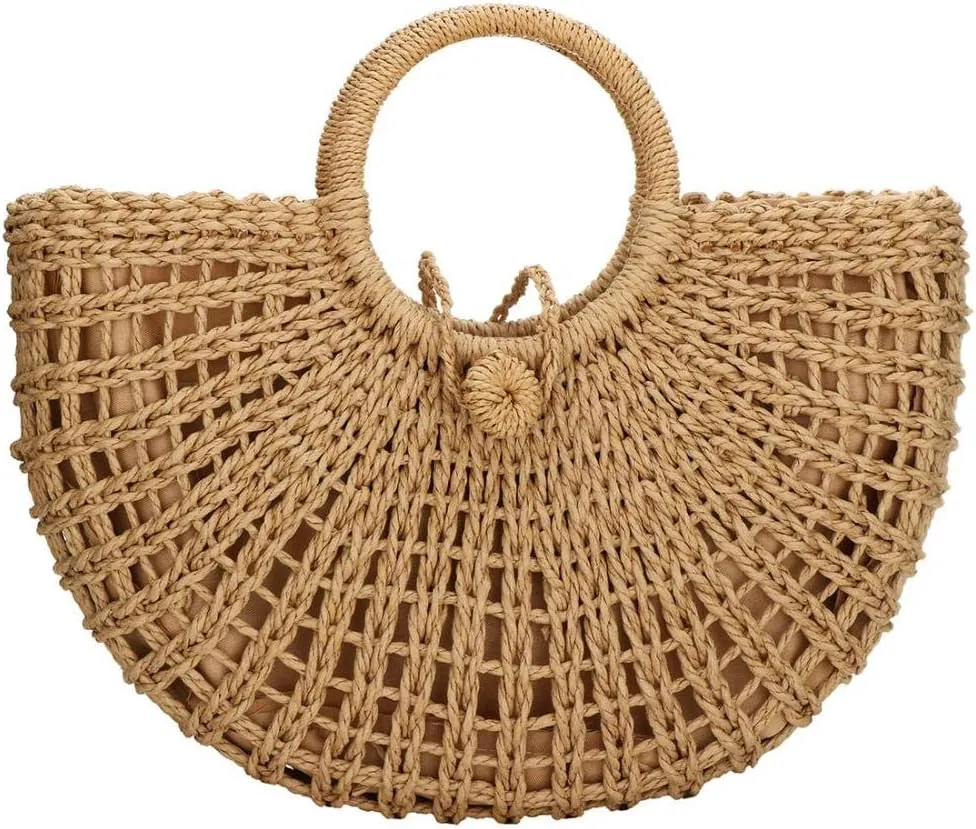 Gets Handwoven Rattan Top-handle Bag for Women Bohemian Round Straw Tote Bag Beach Large Carrying Handbag