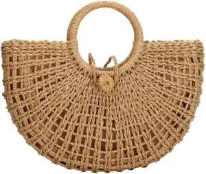 Gets Handwoven Rattan Top-handle Bag for Women Bohemian Round Straw Tote Bag Beach Large Carrying Handbag
