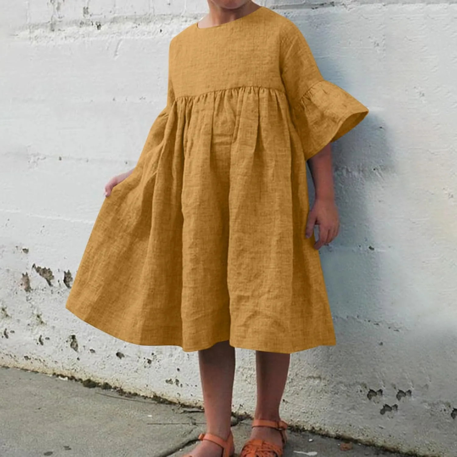 Girls Casual Dress Stripe Shirt Dresses Summer Linen Dresses Crew Neck Short Sleeve Dress with Pockets Daily Outfits