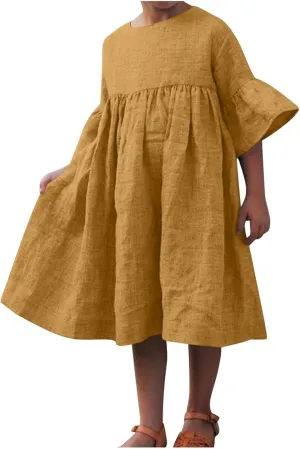 Girls Casual Dress Stripe Shirt Dresses Summer Linen Dresses Crew Neck Short Sleeve Dress with Pockets Daily Outfits