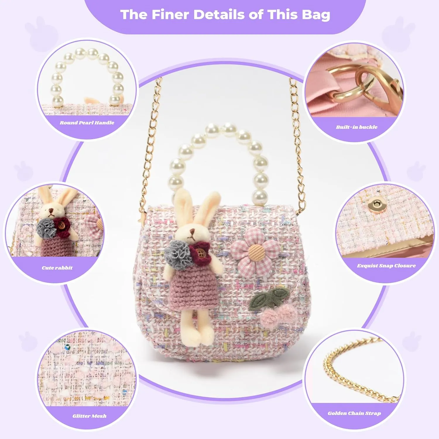 Girls Princess Purses Cute Bunny Toddler Crossbody Bag Handbag with Pearl Handle Shoulder Chain Bag