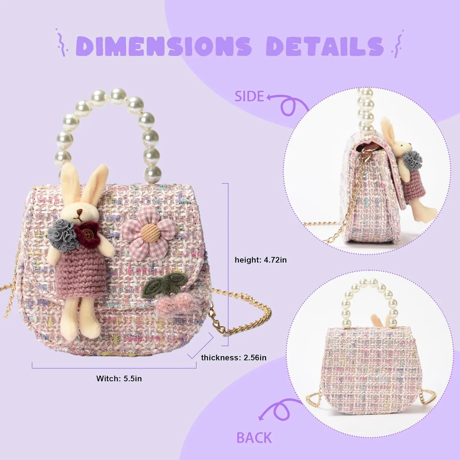 Girls Princess Purses Cute Bunny Toddler Crossbody Bag Handbag with Pearl Handle Shoulder Chain Bag