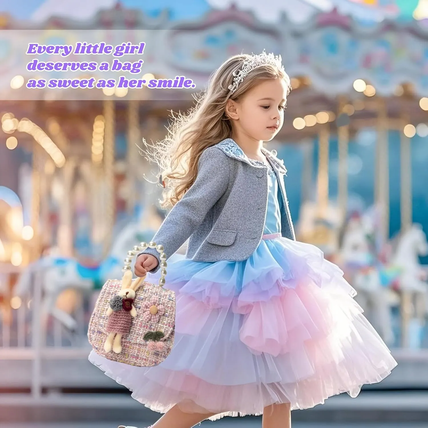 Girls Princess Purses Cute Bunny Toddler Crossbody Bag Handbag with Pearl Handle Shoulder Chain Bag
