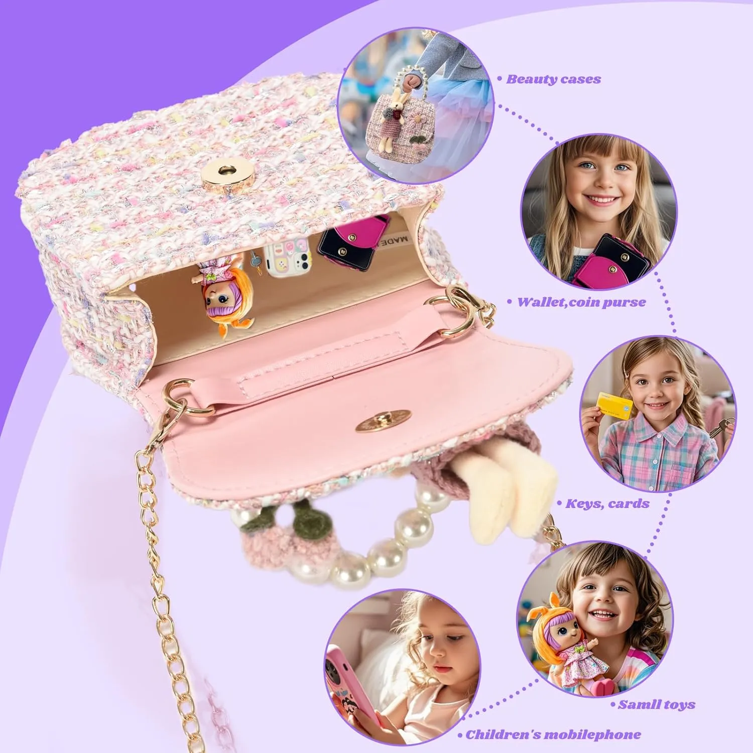 Girls Princess Purses Cute Bunny Toddler Crossbody Bag Handbag with Pearl Handle Shoulder Chain Bag