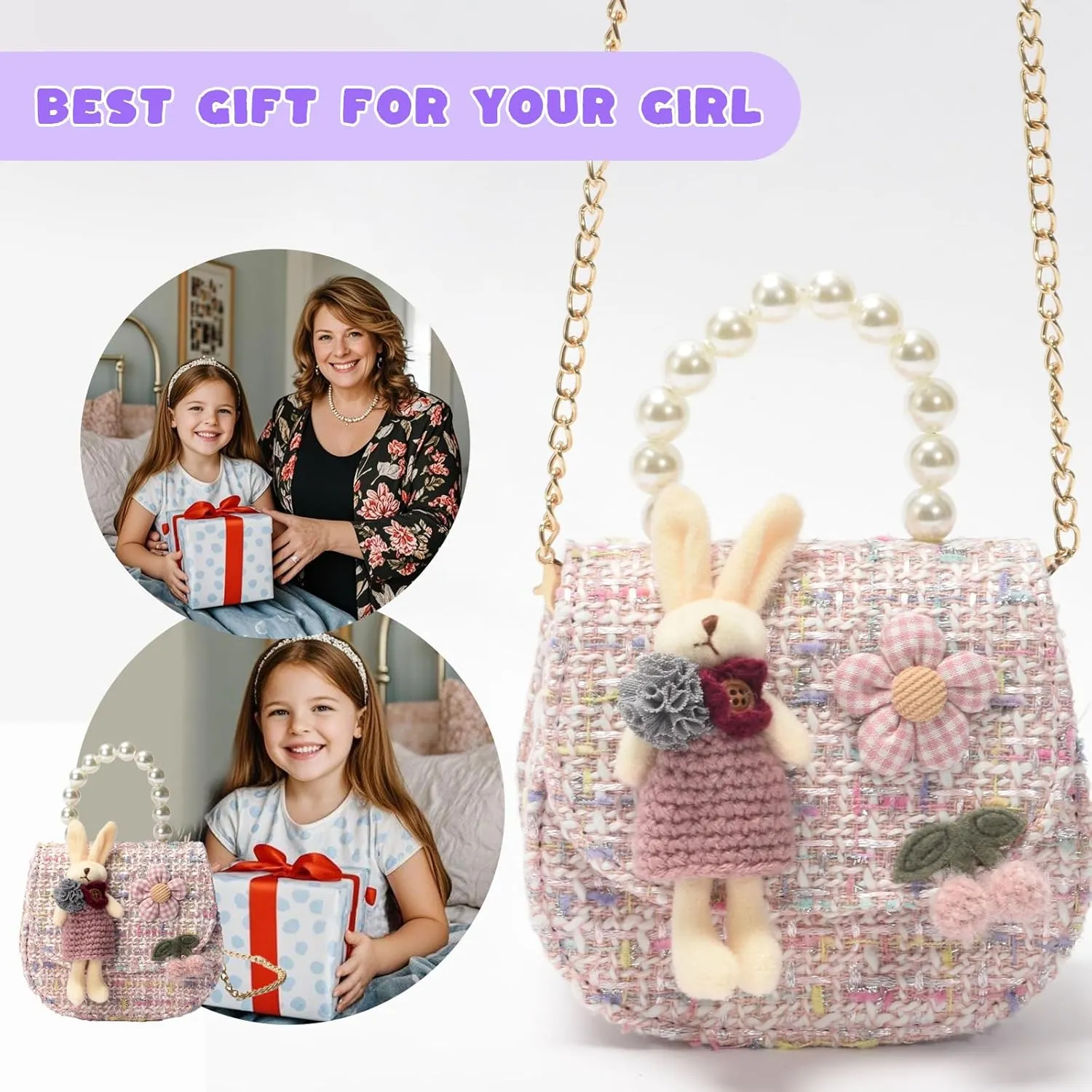 Girls Princess Purses Cute Bunny Toddler Crossbody Bag Handbag with Pearl Handle Shoulder Chain Bag