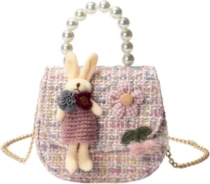 Girls Princess Purses Cute Bunny Toddler Crossbody Bag Handbag with Pearl Handle Shoulder Chain Bag