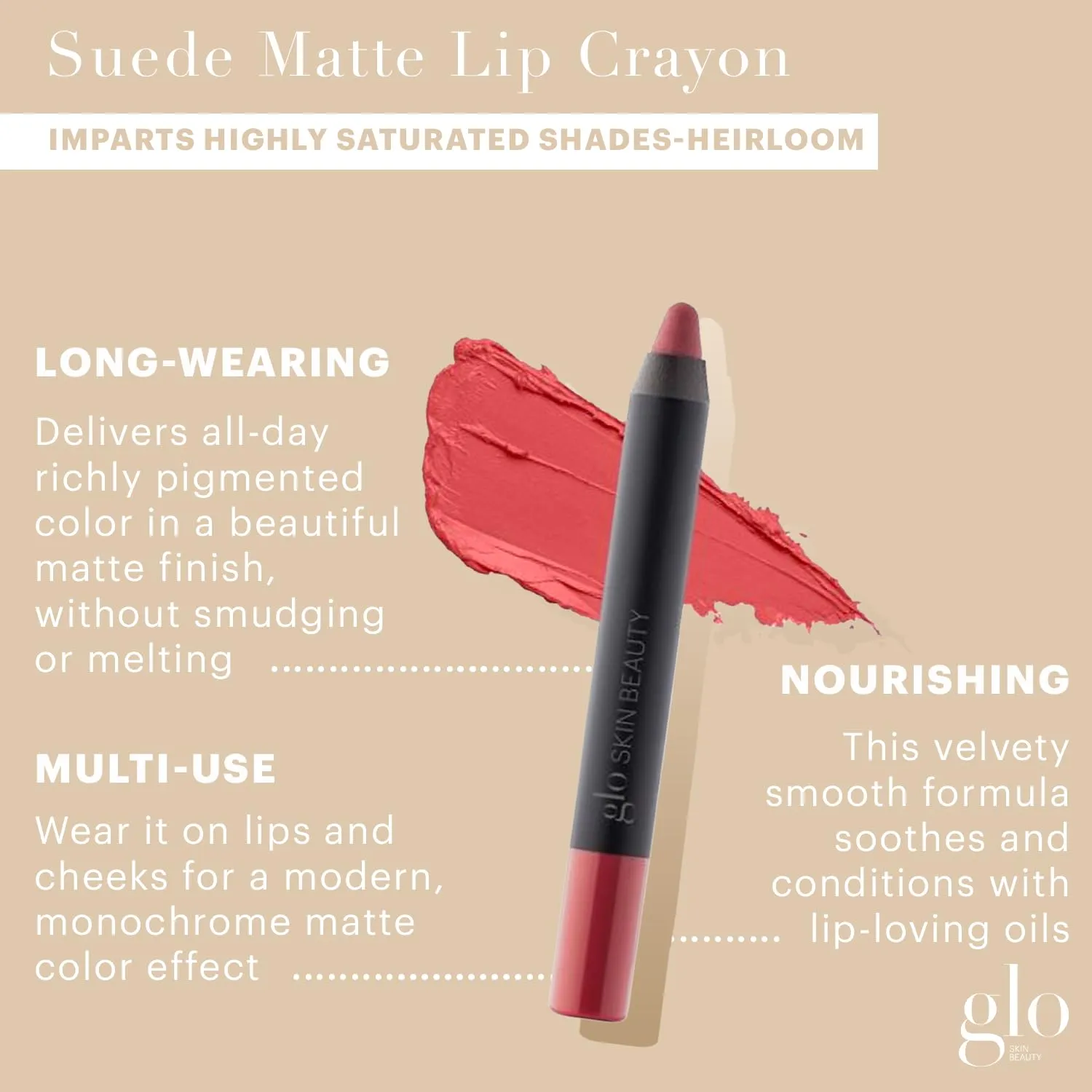 Glo Skin Beauty Suede Matte Lip Crayon (Heirloom) - Longwearing Formula Stays On All Day, With Conditioning Shea Butter   Mango Seed Oil for a Velvety Smooth Finish