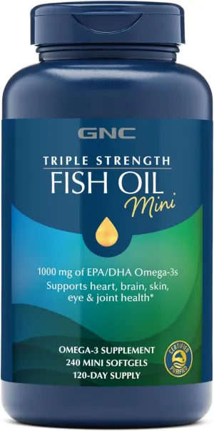 GNC Triple Strength Fish Oil Mini Omega 3 Supplement, 1000mg EPA and DHA, Supports Heart, Brain, Skin, Eye and Joint Health, 240 Mini Softgels