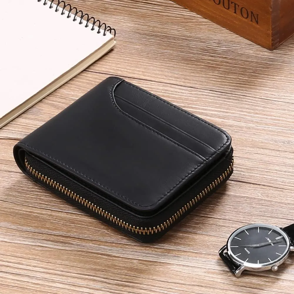 GOIACII Wallets for Men Genuine Leather Front Pocket Wallet RFID Zip Around Bifold Credit Card Holder