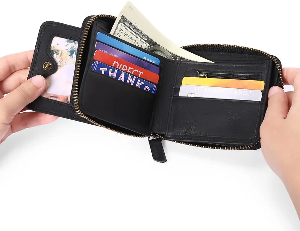 GOIACII Wallets for Men Genuine Leather Front Pocket Wallet RFID Zip Around Bifold Credit Card Holder