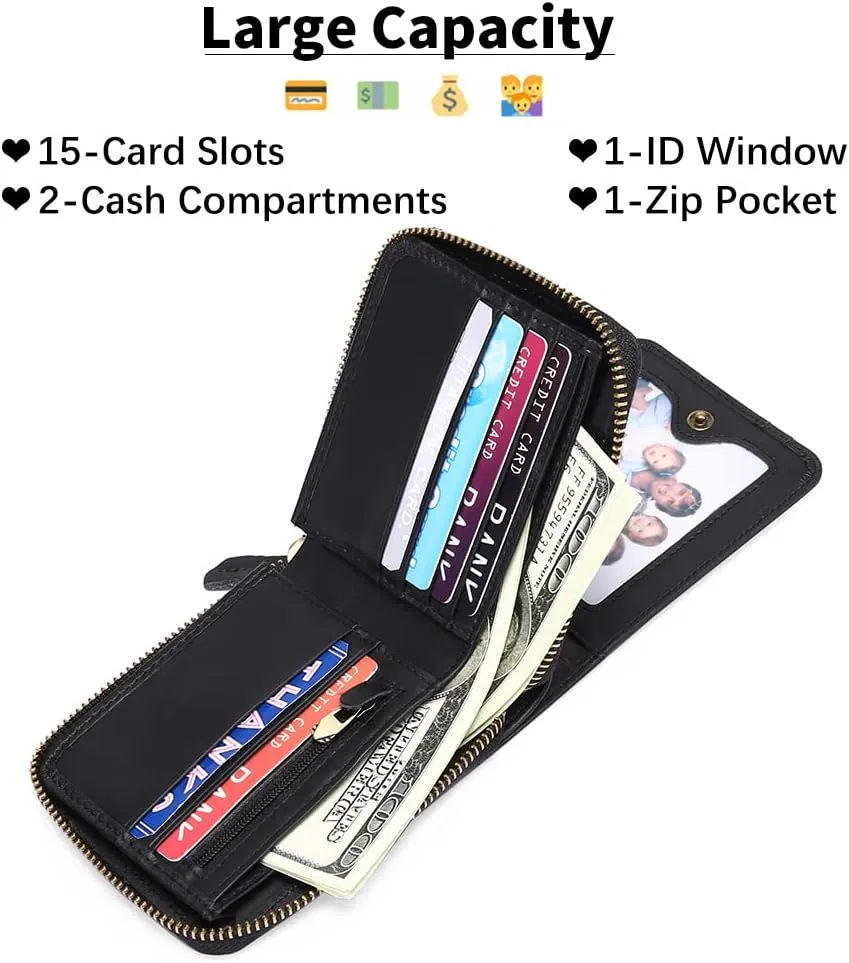 GOIACII Wallets for Men Genuine Leather Front Pocket Wallet RFID Zip Around Bifold Credit Card Holder