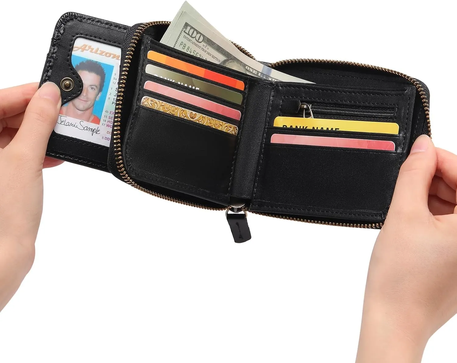 GOIACII Wallets for Men Genuine Leather Front Pocket Wallet RFID Zip Around Bifold Credit Card Holder