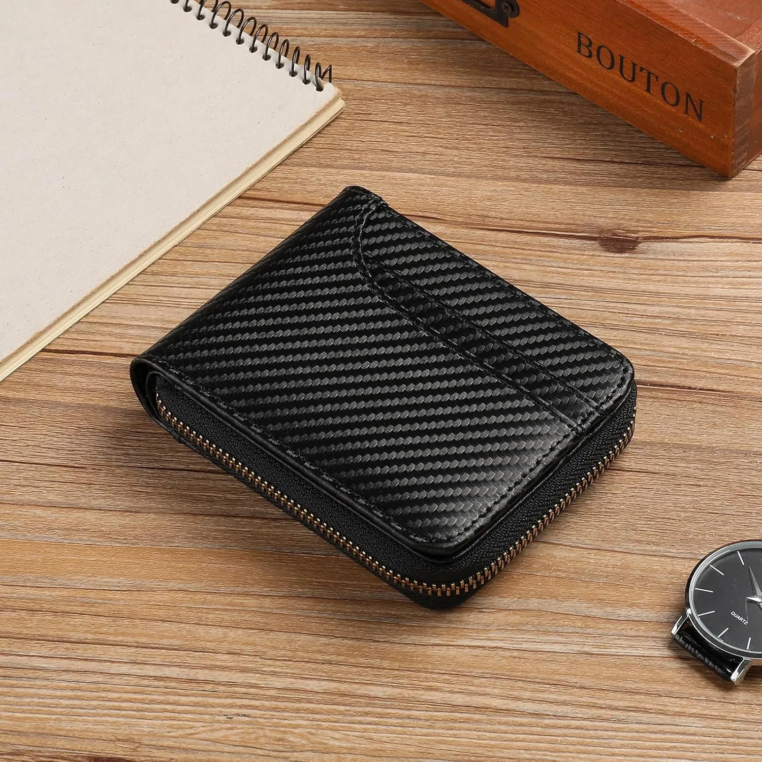 GOIACII Wallets for Men Genuine Leather Front Pocket Wallet RFID Zip Around Bifold Credit Card Holder