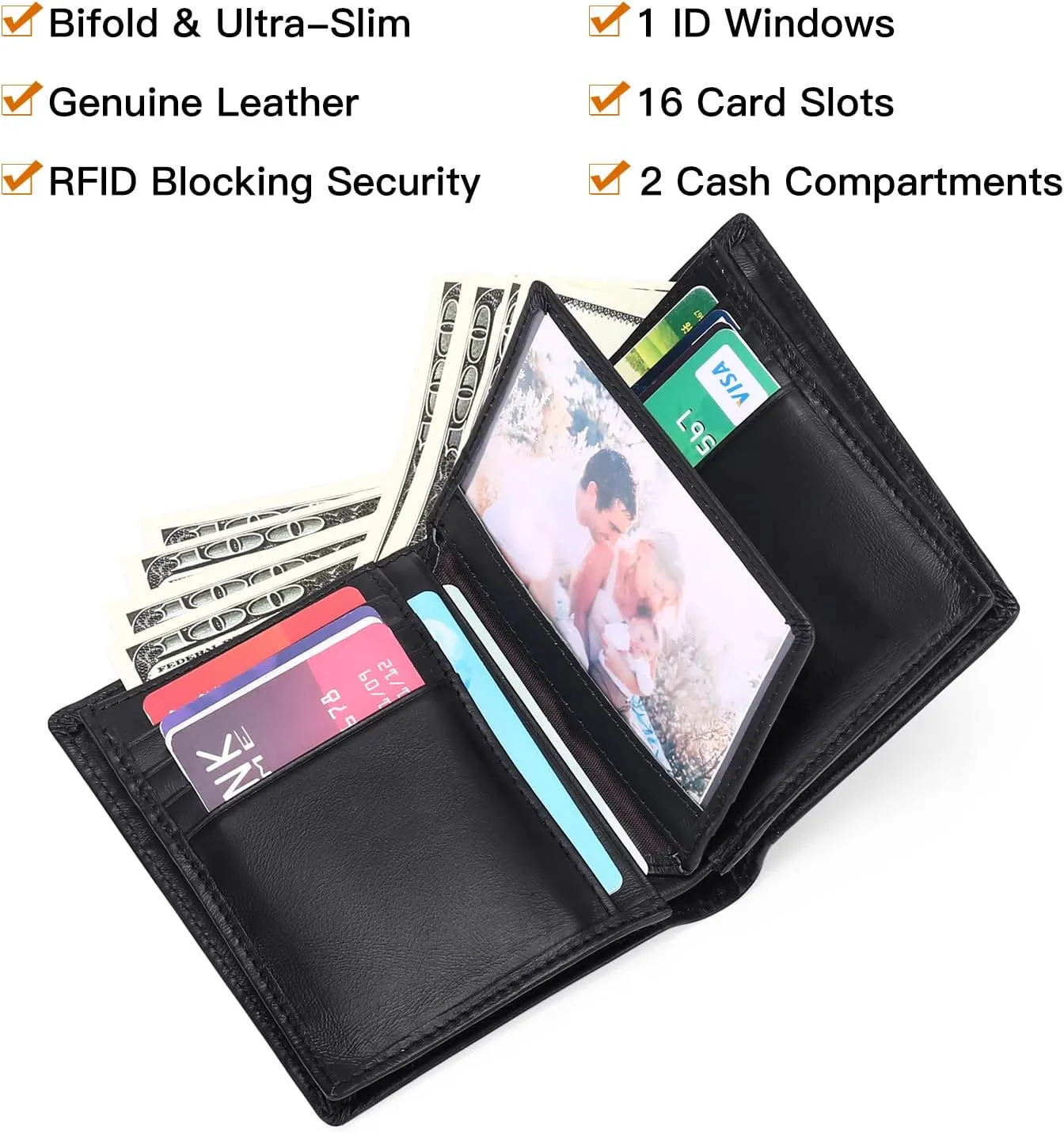 GOIACII Wallets for Men Large Capacity Genuine Leather RFID Mens Bifold Wallet with 16 Card Slots