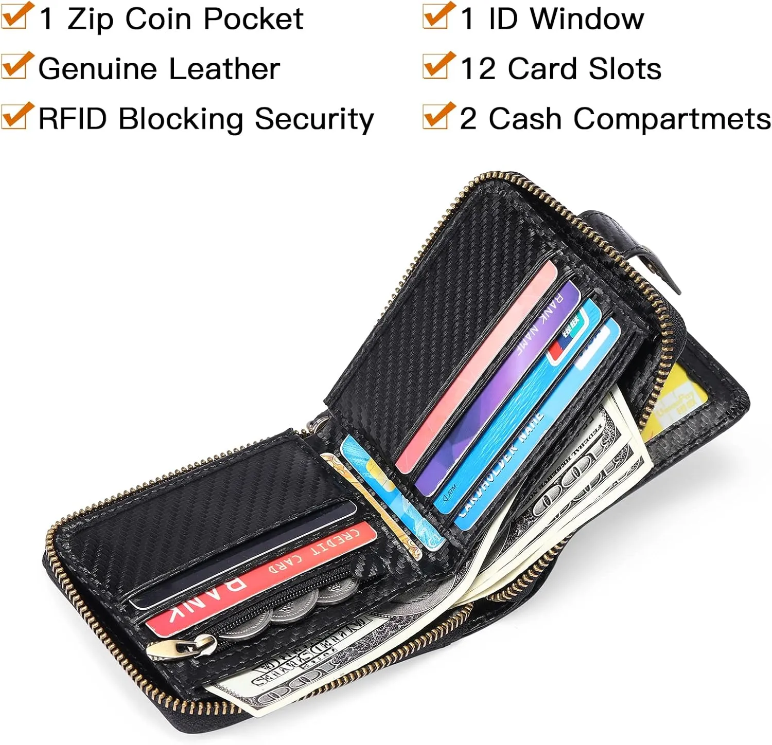 GOIACII Zipper Wallet for Men Genuine Leather RFID Blocking Mens Wallet with Zipper Coin Pocket ID Window Zipper Wallets Large Capacity